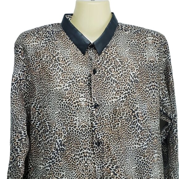 The Kooples Shirt Leopard Button‎ Up Women's Size M Fitted Faux Leather Collar - Picture 3 of 9